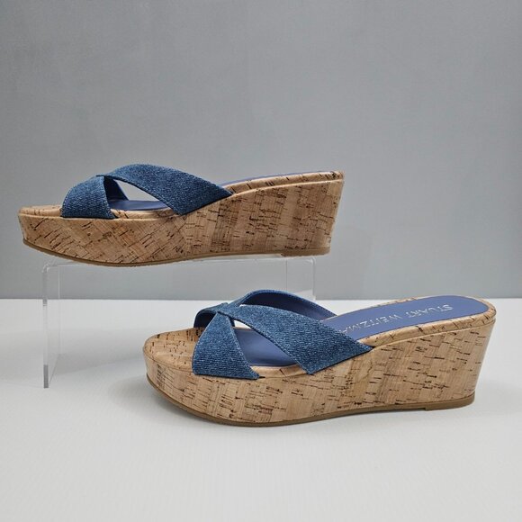 NEW Stuart Weitzman Carmen Midi Sandal Womens 8.5 Denim Cork Platform Wedge - Picture 2 of 12